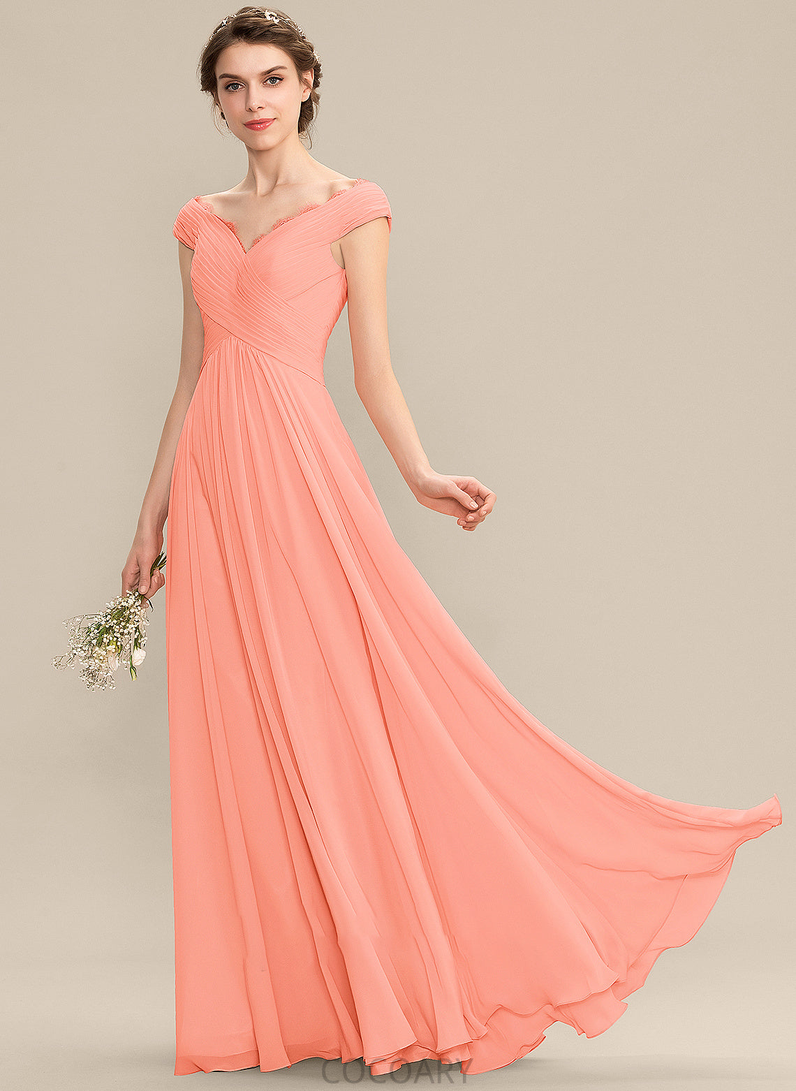 A-Line Lace Embellishment Ruffle Silhouette Floor-Length Off-the-Shoulder Neckline Fabric Length Keyla Sleeveless Bridesmaid Dresses