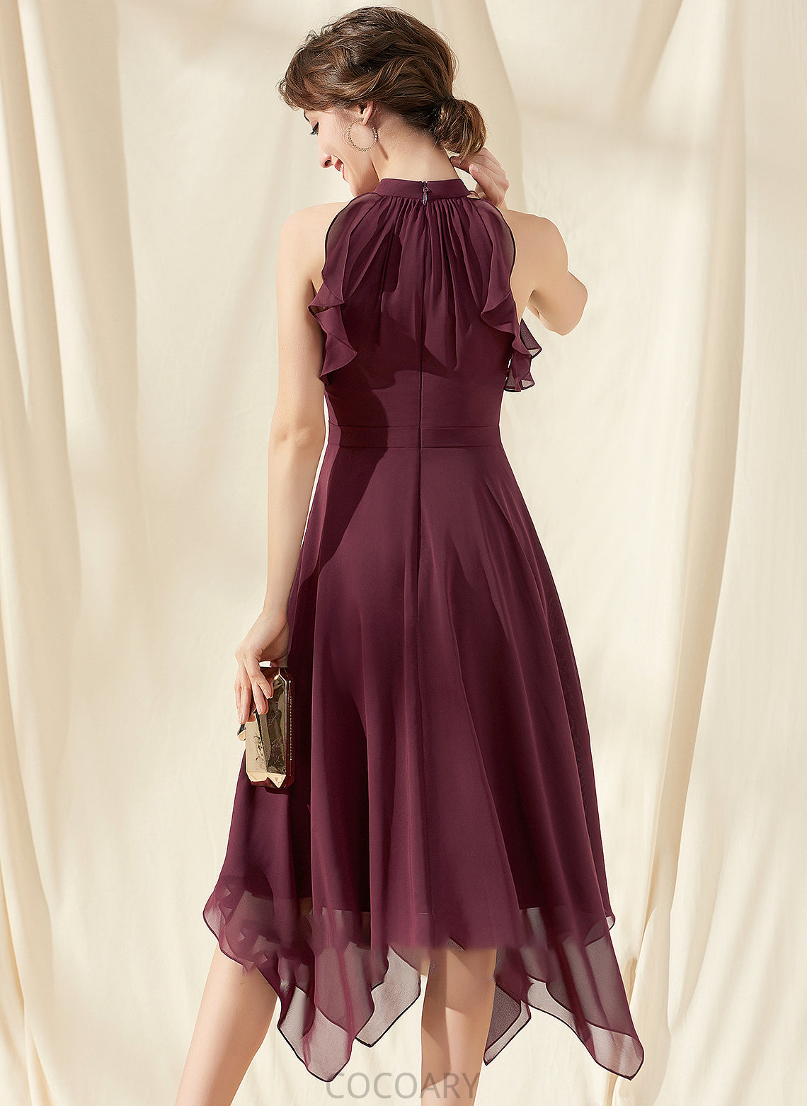 Length A-Line ScoopNeck Embellishment CascadingRuffles Silhouette Neckline Tea-Length Fabric Charlize A-Line/Princess V-Neck Bridesmaid Dresses