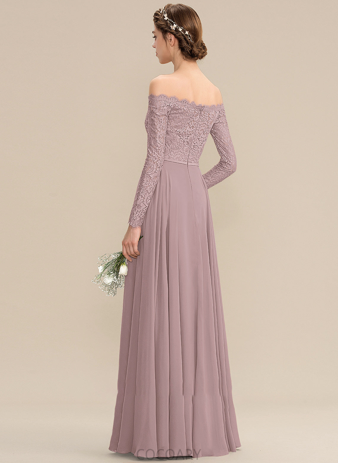 Neckline SplitFront Length A-Line Fabric Embellishment Silhouette Off-the-Shoulder Floor-Length Mallory Natural Waist A-Line/Princess Bridesmaid Dresses