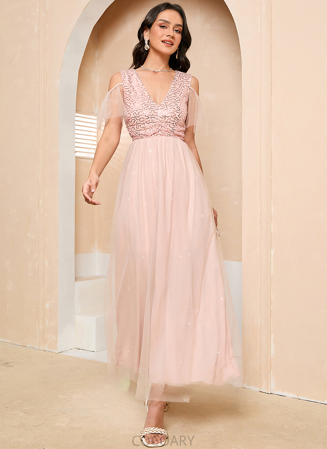 Length Fabric Tulle Silhouette V-neck Neckline A-Line Straps Ankle-Length Denise Natural Waist A-Line/Princess Bridesmaid Dresses