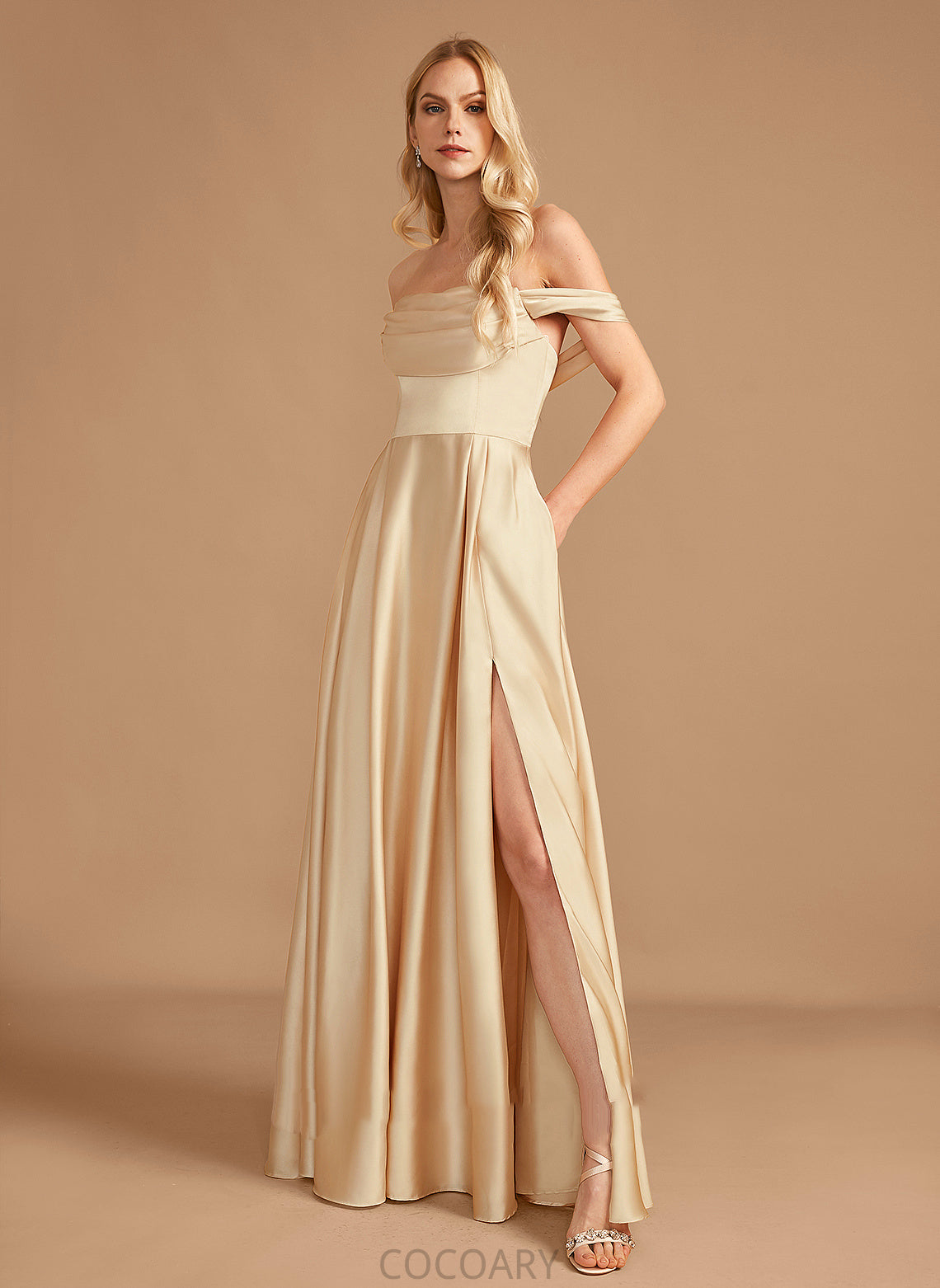 A-Line SplitFront Silhouette Floor-Length Neckline Fabric Pockets Off-the-Shoulder Length Embellishment Eliza Floor Length Bridesmaid Dresses