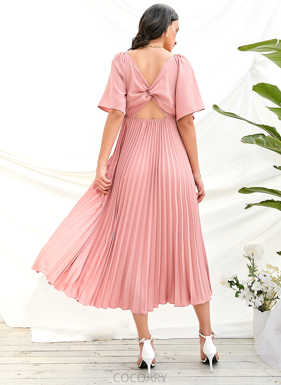 Length Tea-Length A-Line Fabric Embellishment V-neck Pleated Neckline Silhouette Janey Floor Length V-Neck Bridesmaid Dresses