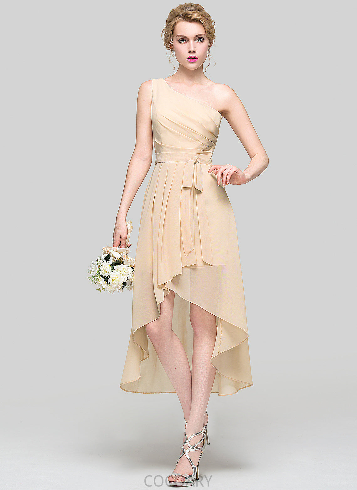 Bow(s) Silhouette One-Shoulder Fabric Length Asymmetrical A-Line CascadingRuffles Ruffle Embellishment Neckline Mireya Bridesmaid Dresses