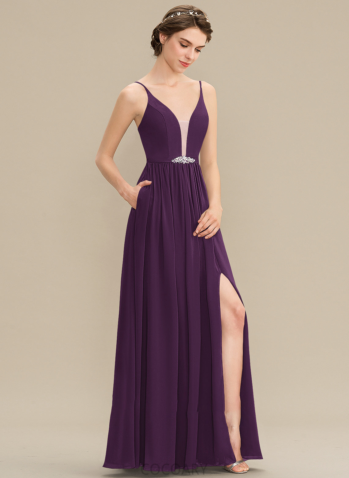 Sequins SplitFront Pockets V-neck Floor-Length Length Silhouette Fabric Beading A-Line Embellishment Neckline Bridesmaid Dresses