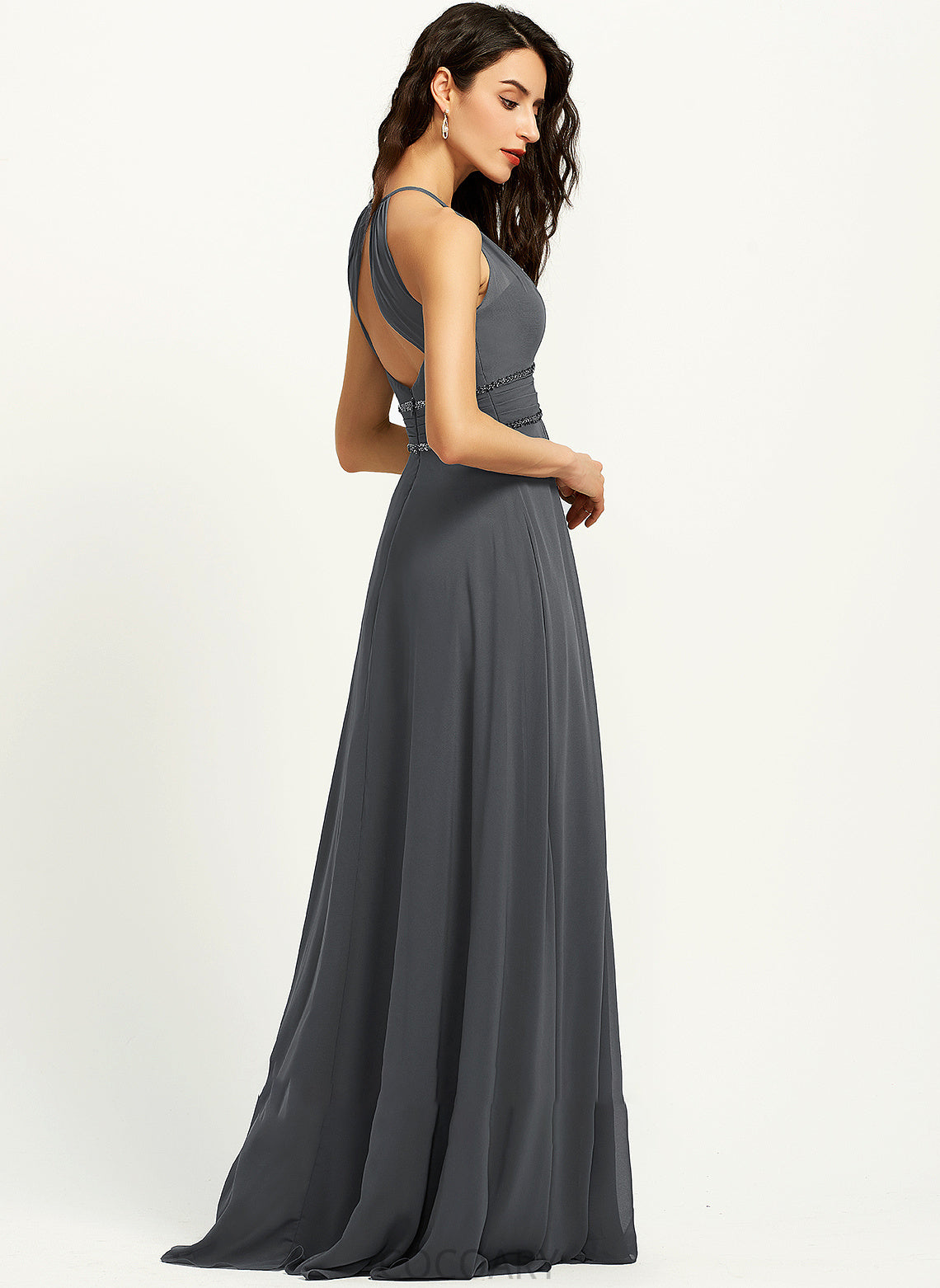 Silhouette Beading Ruffle Neckline Sequins A-Line Halter Length Fabric Embellishment Floor-Length Nita Bridesmaid Dresses