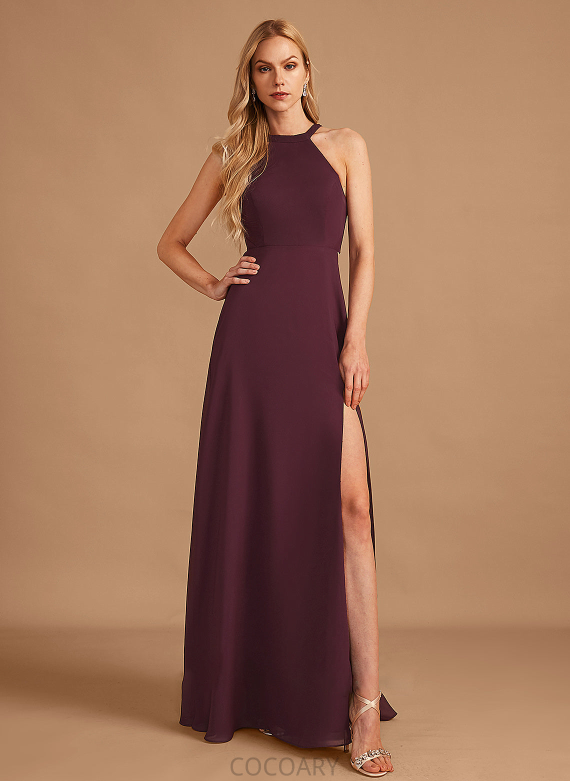 Fabric HighNeck SplitFront Length Embellishment Silhouette Floor-Length A-Line Neckline Elsie Empire Waist V-Neck Bridesmaid Dresses