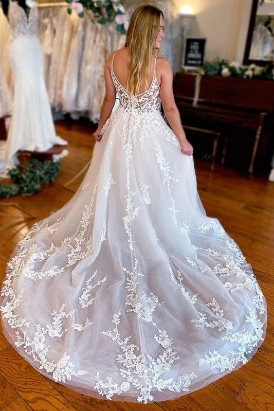 Charming A Line V Neck Tulle Long Wedding Dresses with Lace