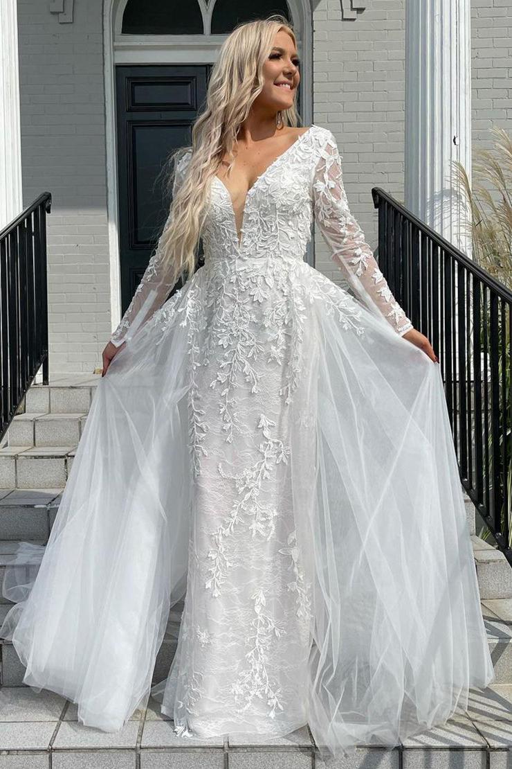 Mermaid V Neck Backless Long Sleeves Tulle Wedding Dresses