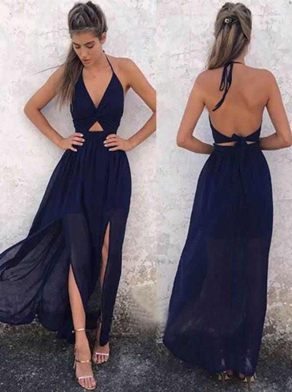 Simple Deep V Neck Chiffon With Split Side Prom Dresses