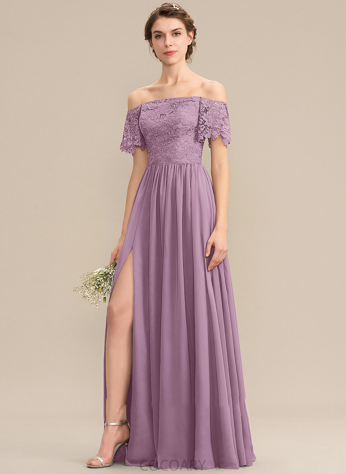 Length SplitFront Floor-Length A-Line Neckline Fabric Off-the-Shoulder Embellishment Silhouette Yasmine Floor Length A-Line/Princess Bridesmaid Dresses