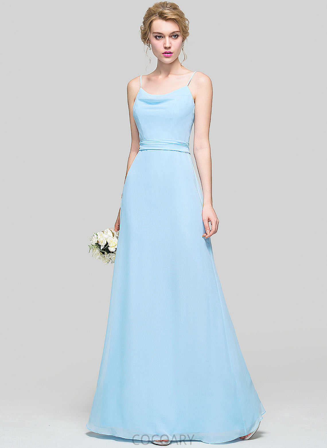 Fabric Floor-Length Silhouette Neckline Ruffle Embellishment A-Line CowlNeck Length Chanel Floor Length A-Line/Princess Bridesmaid Dresses