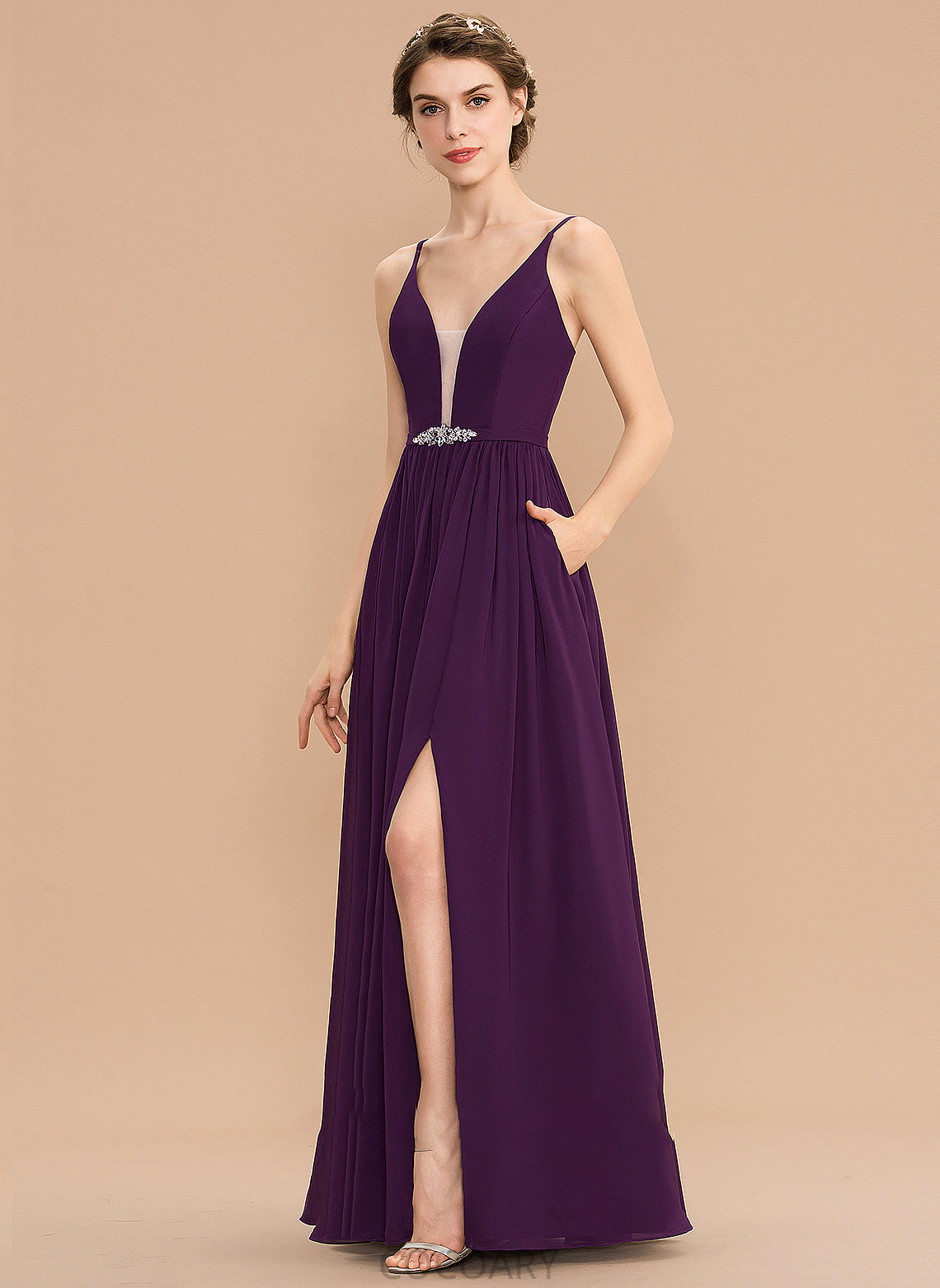 SplitFront A-Line Neckline V-neck Pockets Silhouette Floor-Length Length Fabric Embellishment Sequins Beading Bridesmaid Dresses