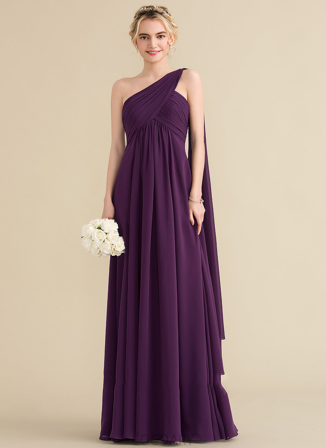 Length Floor-Length One-Shoulder Silhouette Ruffle Fabric Neckline Embellishment A-Line Alana Spaghetti Staps Sleeveless Bridesmaid Dresses