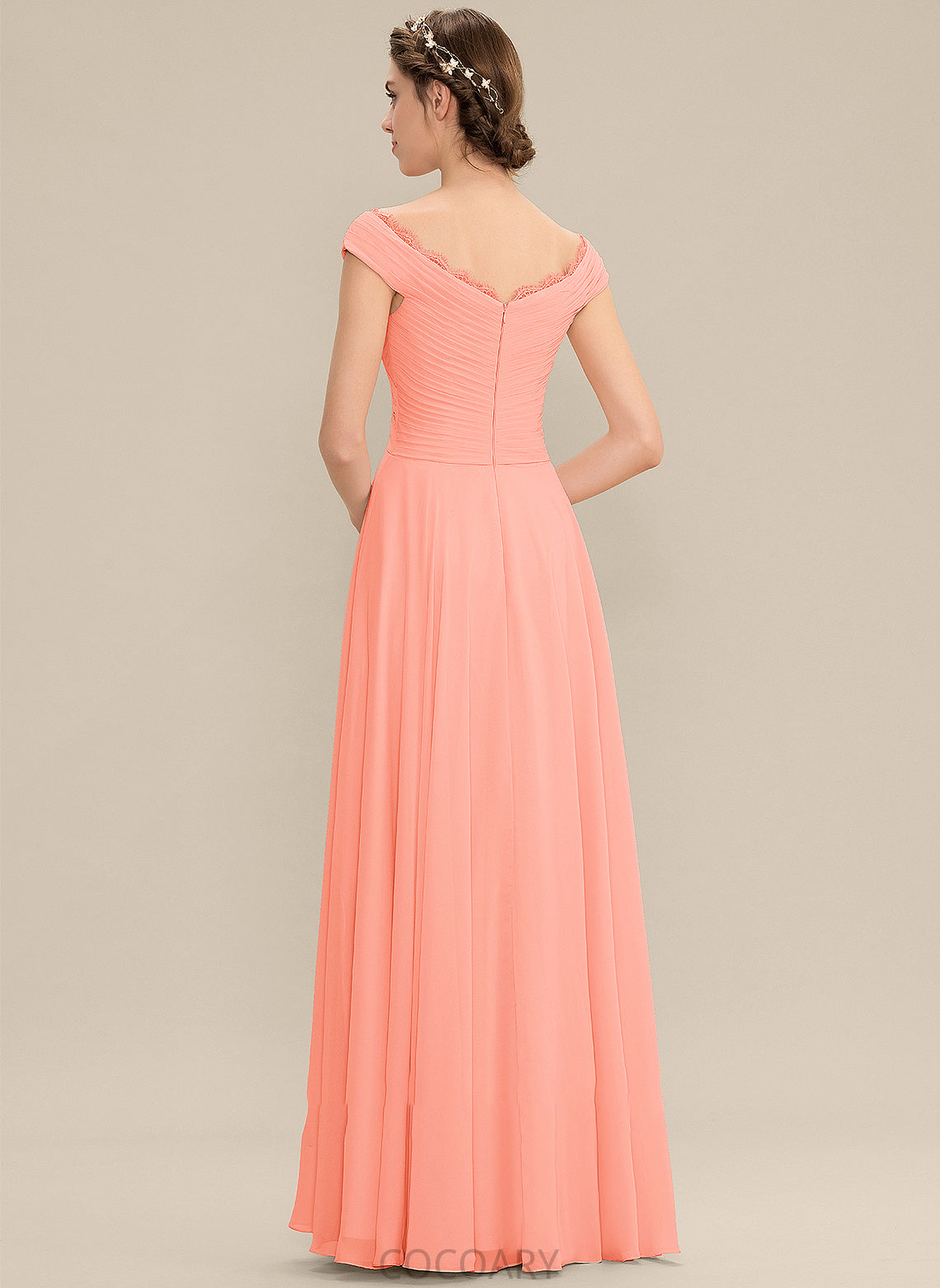 A-Line Lace Embellishment Ruffle Silhouette Floor-Length Off-the-Shoulder Neckline Fabric Length Keyla Sleeveless Bridesmaid Dresses