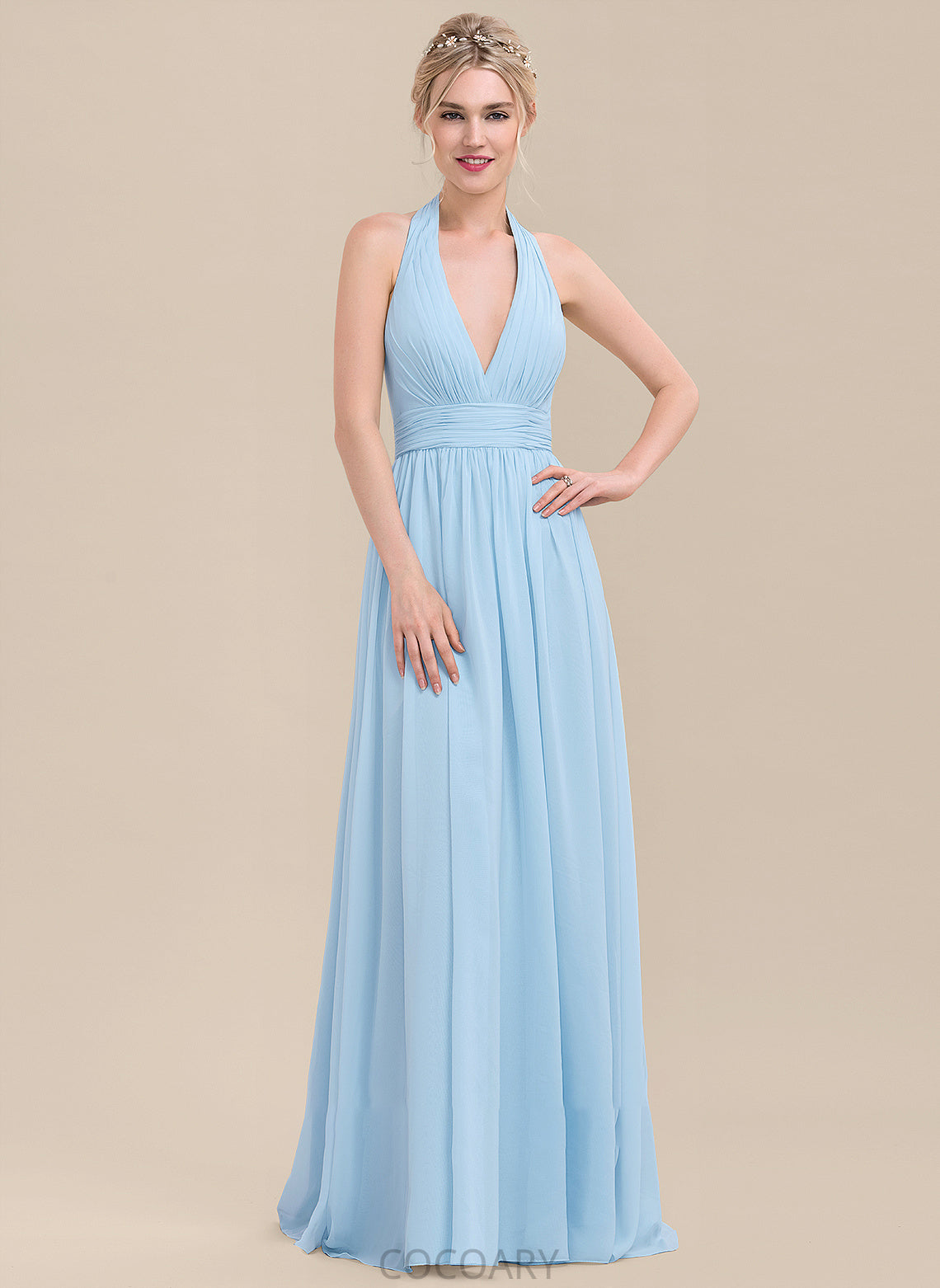 A-Line Ruffle Floor-Length Embellishment Fabric Neckline Halter Silhouette Length Adrianna Natural Waist Sleeveless Bridesmaid Dresses