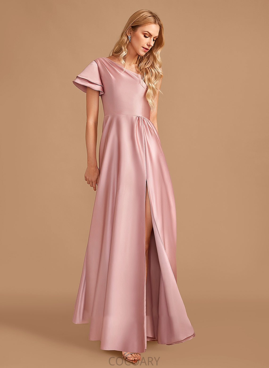 Length A-Line Floor-Length Fabric Neckline Embellishment SplitFront Silhouette One-Shoulder Makaila V-Neck Sleeveless Bridesmaid Dresses