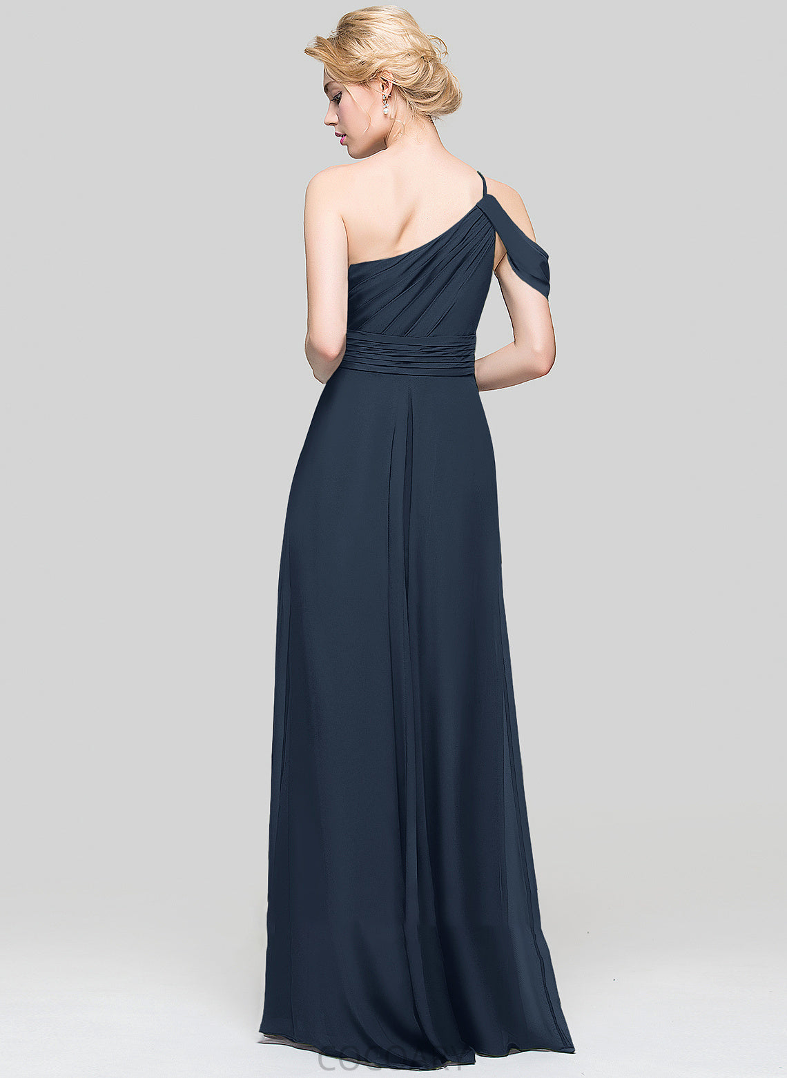 A-Line Floor-Length Ruffle Fabric Length Embellishment One-Shoulder Neckline Silhouette Nathaly Empire Waist Spaghetti Staps Bridesmaid Dresses