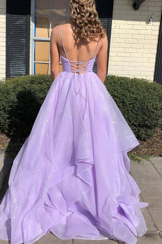 Long Princess Lavender Tiered A Line Spaghetti Straps Prom Dresses