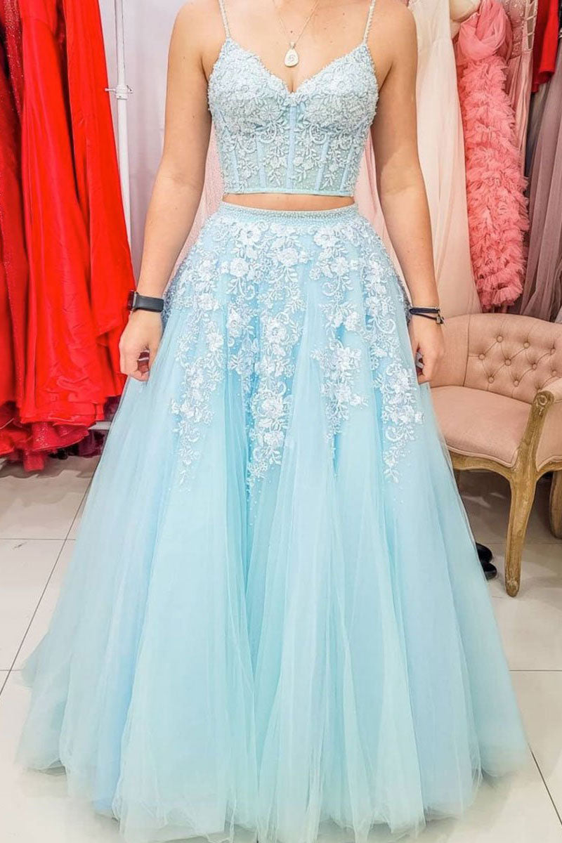 Appliques Two Pieces Light Blue Tulle Lace Formal A Line Evening Dresses Long Prom Dresses