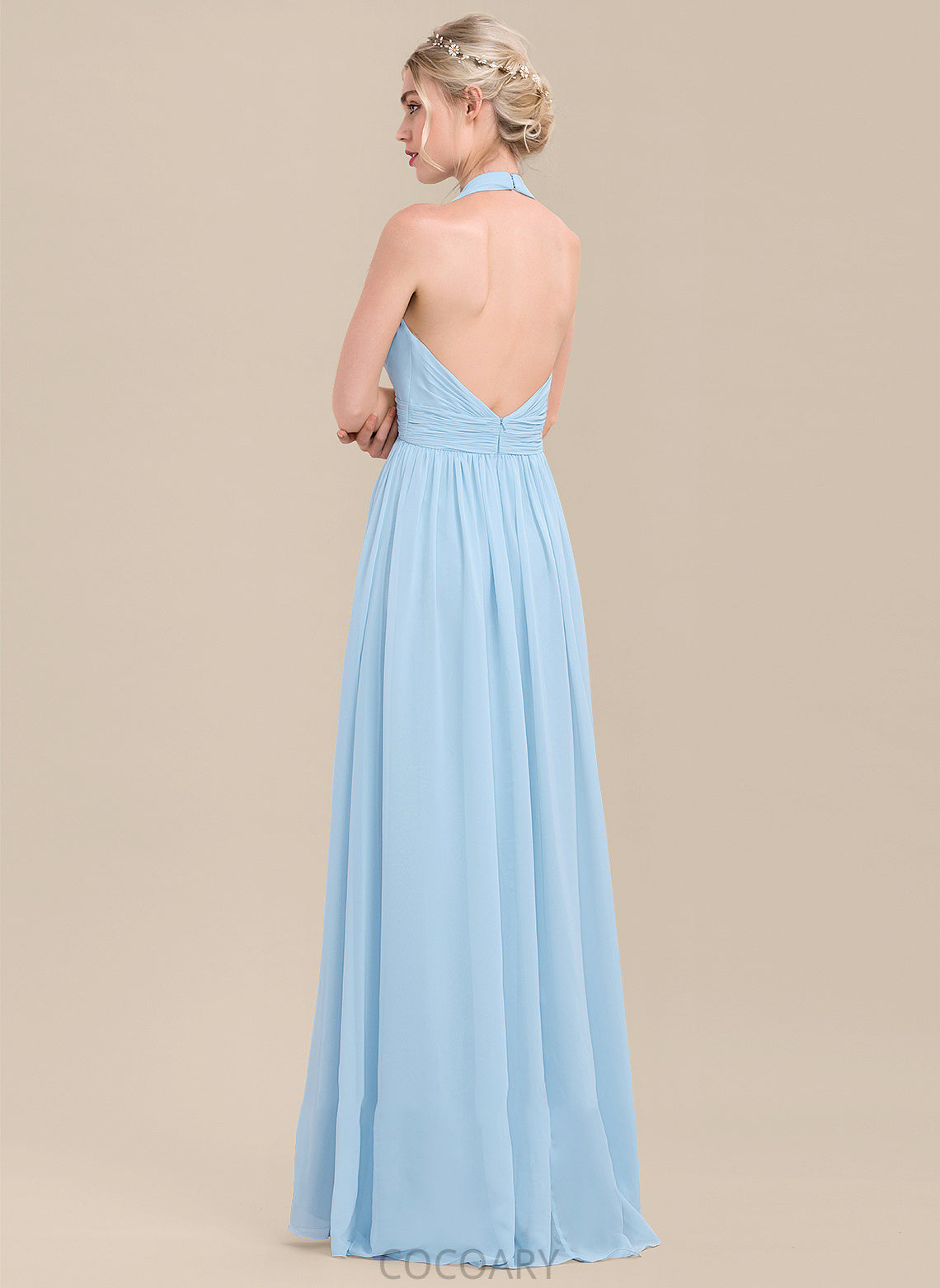 A-Line Ruffle Floor-Length Embellishment Fabric Neckline Halter Silhouette Length Adrianna Natural Waist Sleeveless Bridesmaid Dresses