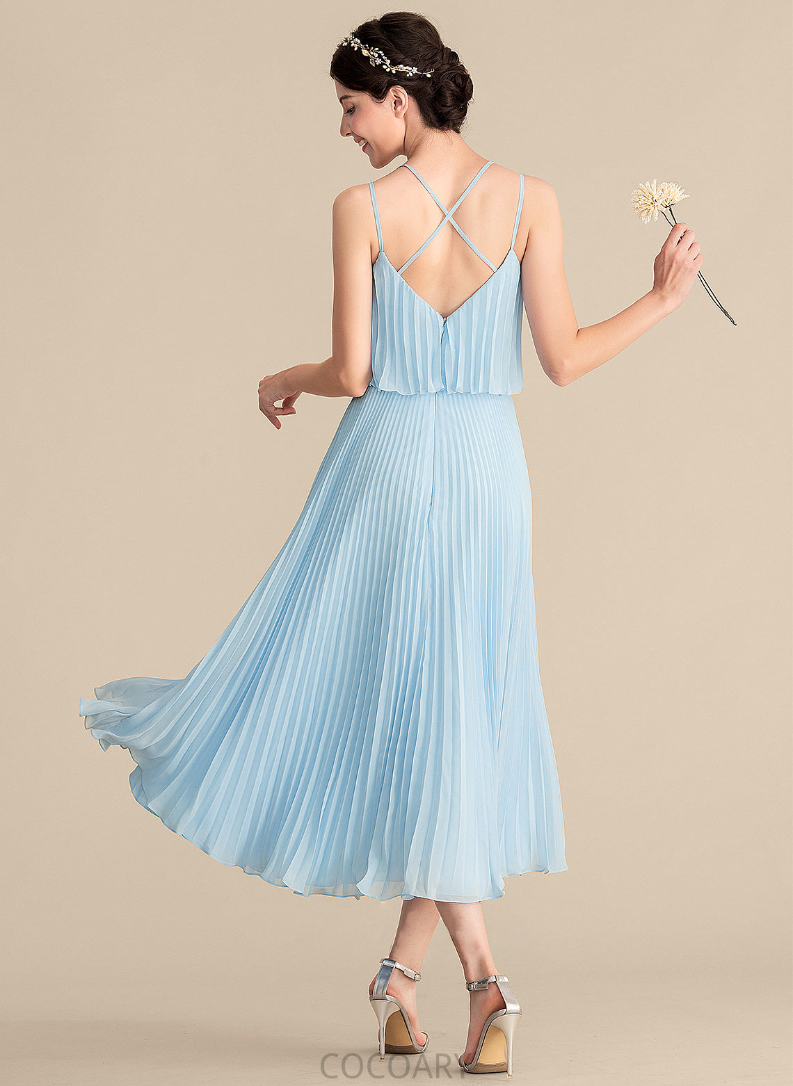 Neckline Silhouette Length Pleated Fabric Tea-Length A-Line Embellishment V-neck Rubi Spaghetti Staps A-Line/Princess Bridesmaid Dresses