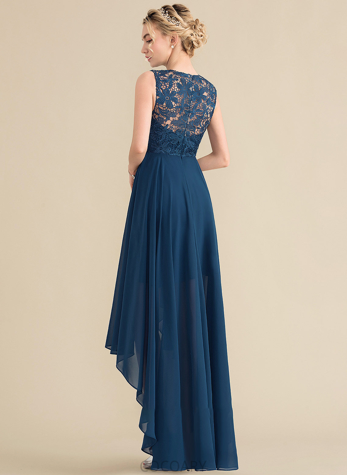 ScoopNeck Asymmetrical Neckline A-Line Lace Fabric Silhouette Length Straps Aria Sleeveless Natural Waist Bridesmaid Dresses