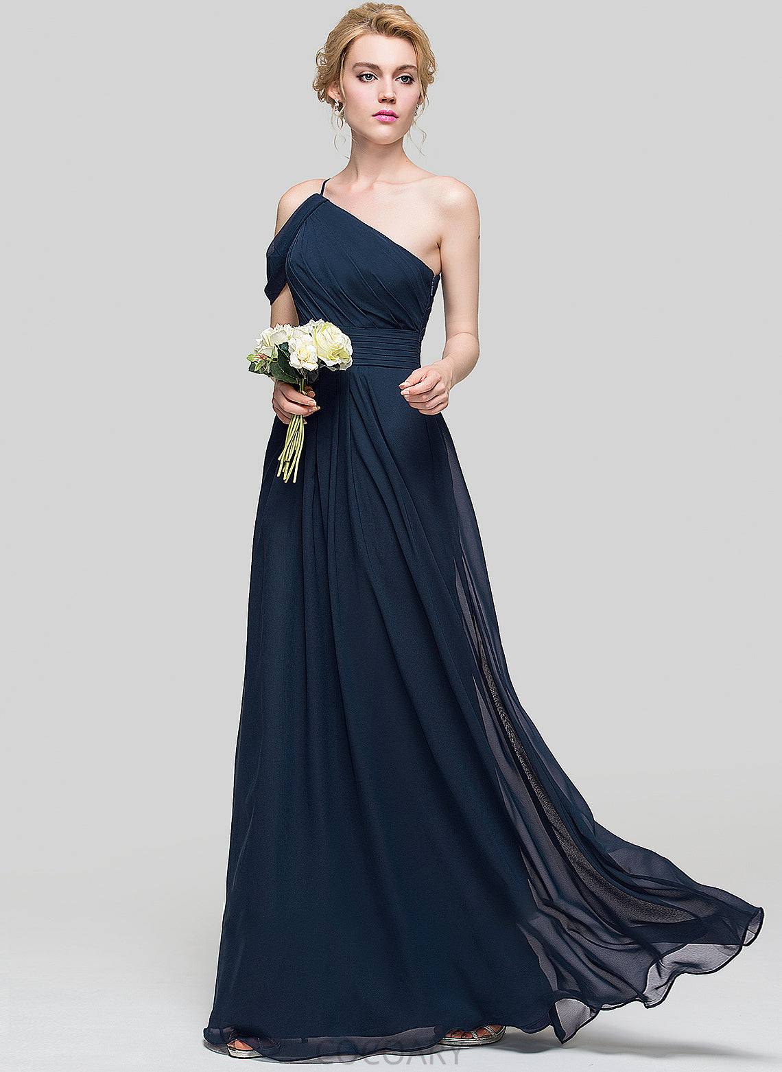 A-Line Floor-Length Ruffle Fabric Length Embellishment One-Shoulder Neckline Silhouette Nathaly Empire Waist Spaghetti Staps Bridesmaid Dresses