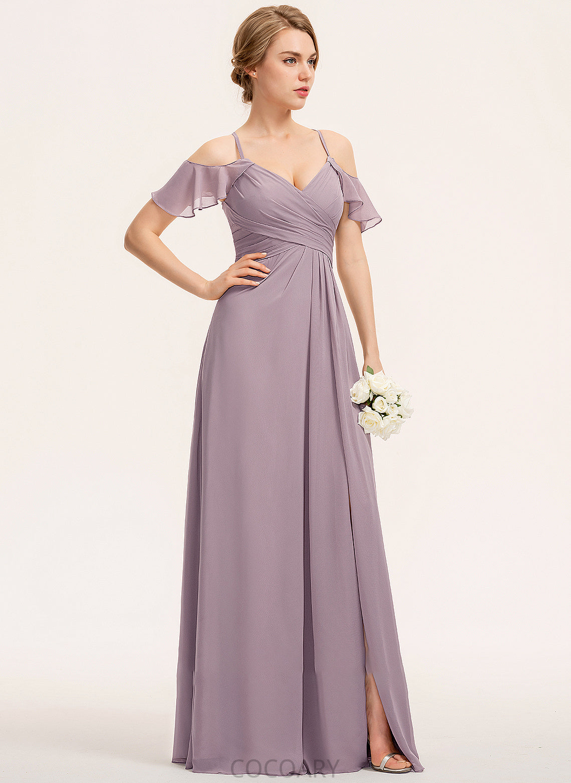 Silhouette A-Line Neckline CascadingRuffles Ruffle Fabric Length V-neck Embellishment Floor-Length SplitFront Susan Bridesmaid Dresses