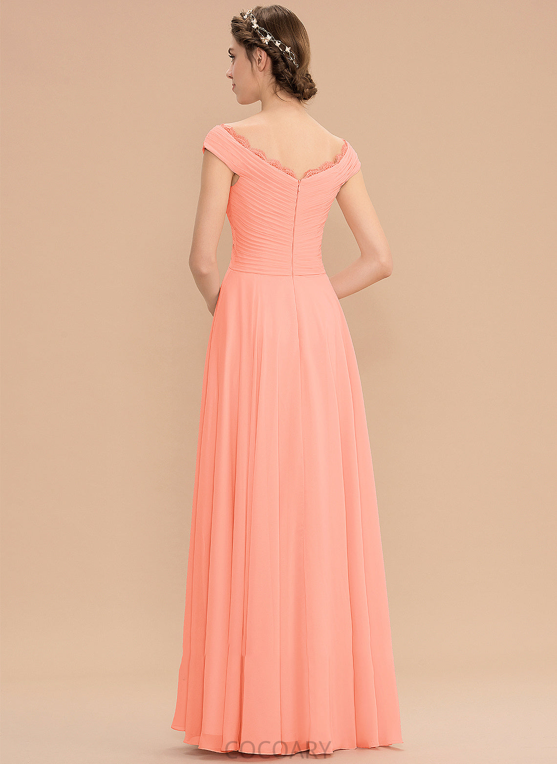 A-Line Lace Embellishment Ruffle Silhouette Floor-Length Off-the-Shoulder Neckline Fabric Length Keyla Sleeveless Bridesmaid Dresses