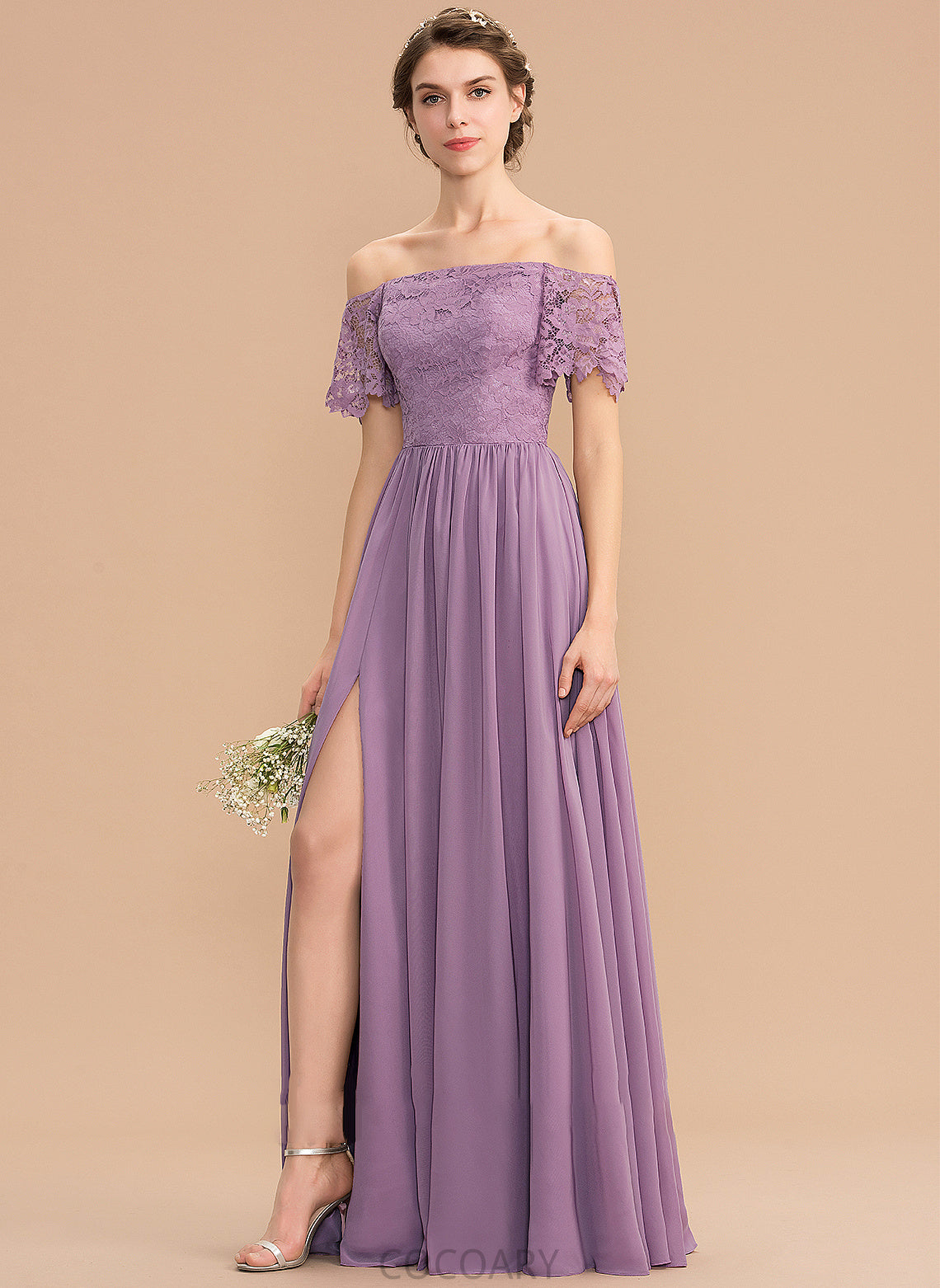 Length SplitFront Floor-Length A-Line Neckline Fabric Off-the-Shoulder Embellishment Silhouette Yasmine Floor Length A-Line/Princess Bridesmaid Dresses