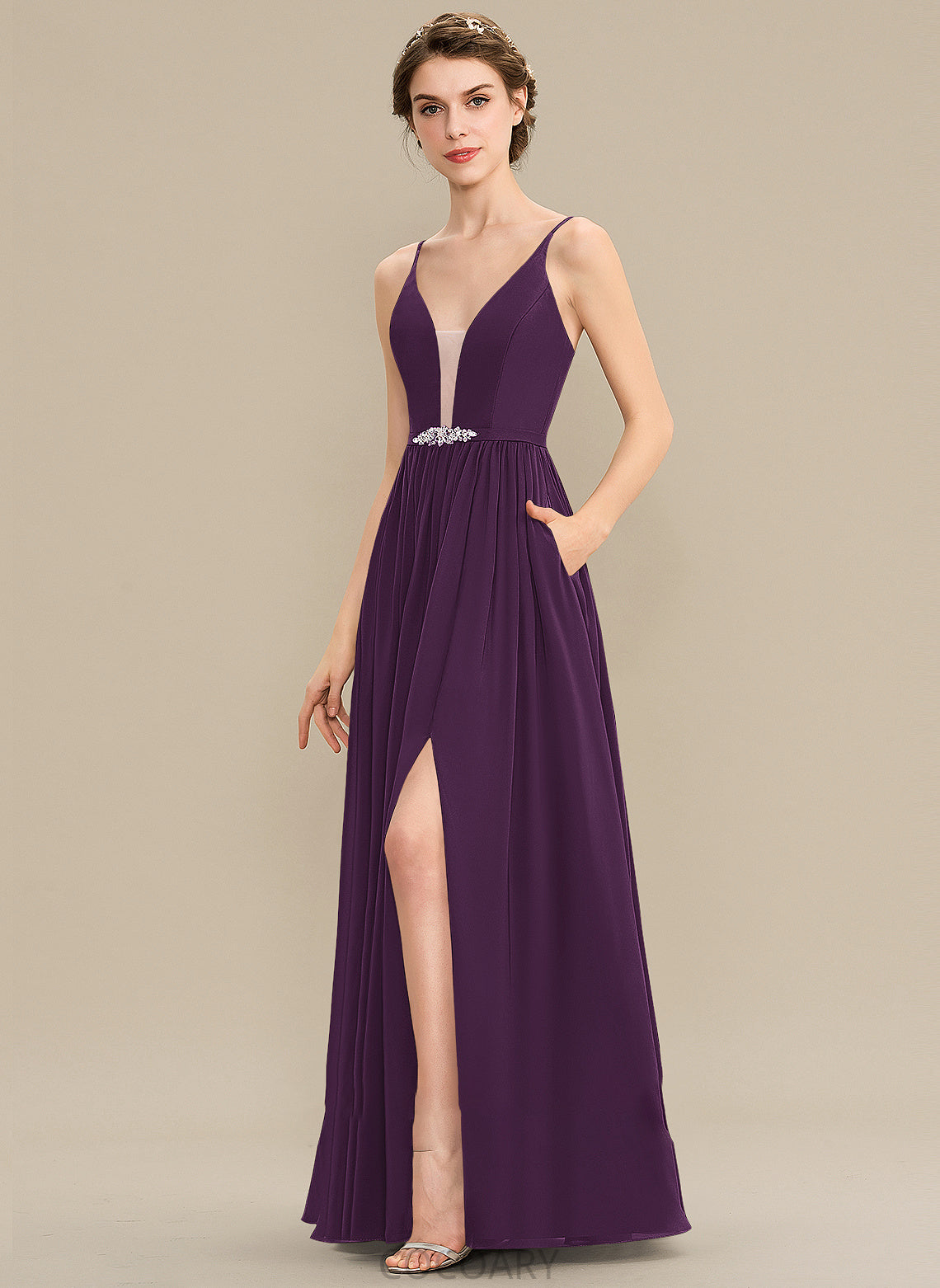 SplitFront A-Line Neckline V-neck Pockets Silhouette Floor-Length Length Fabric Embellishment Sequins Beading Bridesmaid Dresses