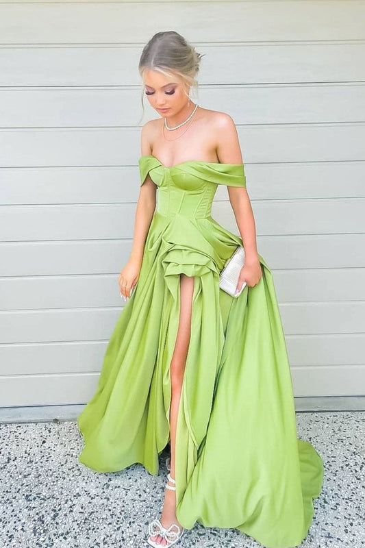 Simple Clover A-Line Satin Off the Shoulder Evening Dresses Long Prom Dresses