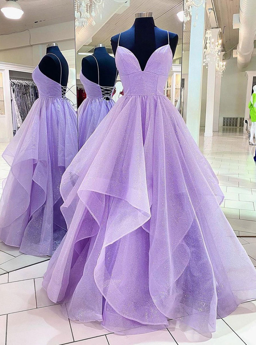 Purple V Neck Sleeveless A Line Tulle Sequin Prom Dresses