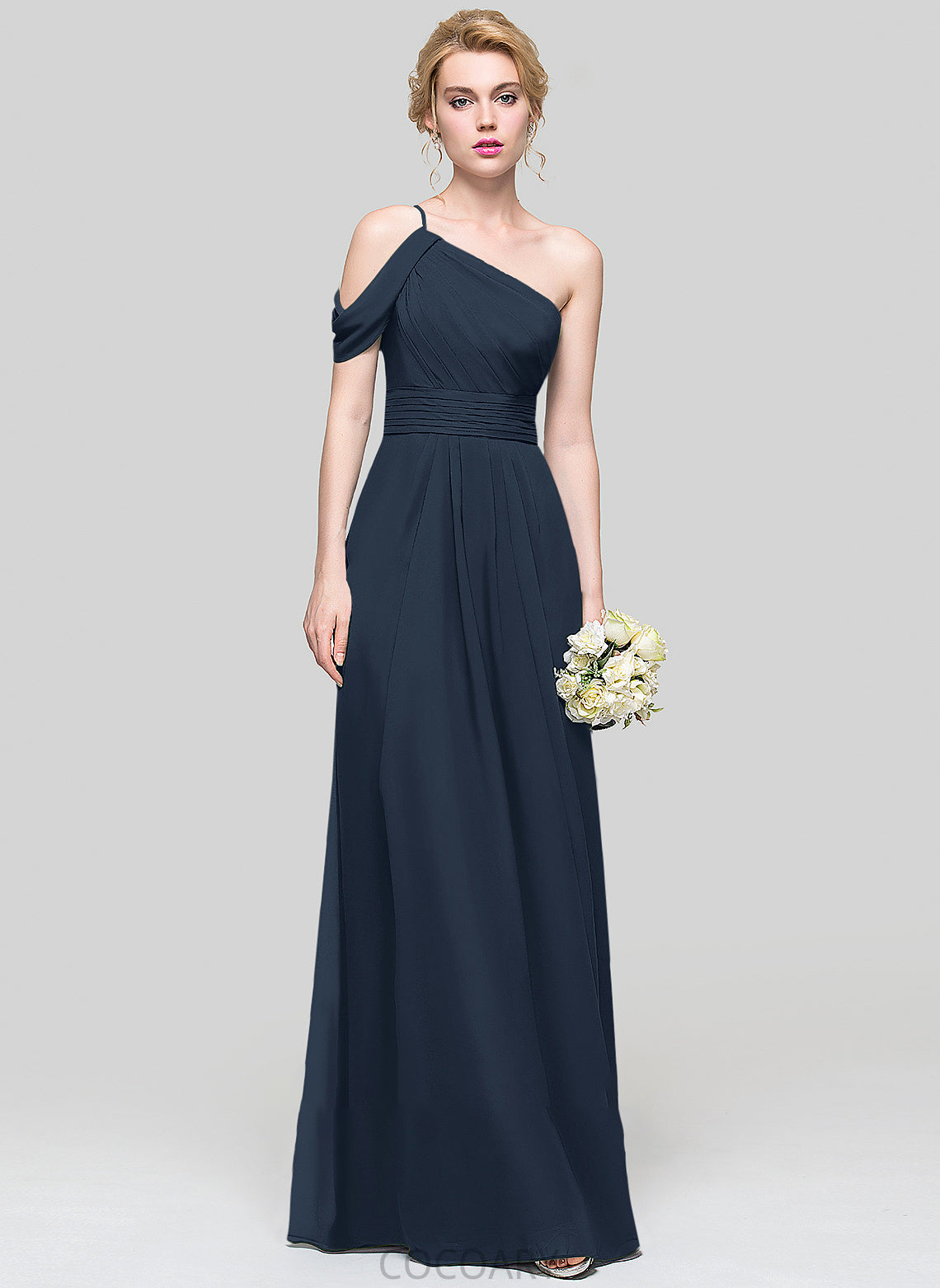 A-Line Floor-Length Ruffle Fabric Length Embellishment One-Shoulder Neckline Silhouette Nathaly Empire Waist Spaghetti Staps Bridesmaid Dresses