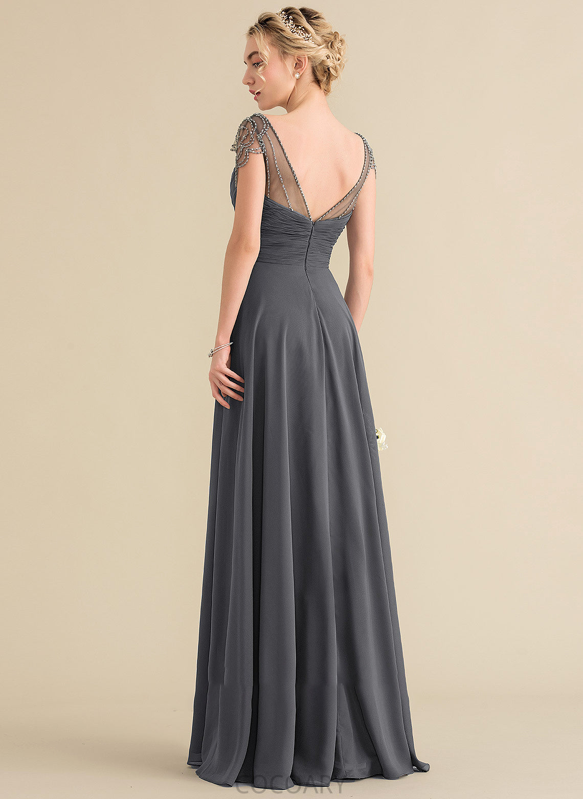 Ruffle Length V-neck Sequins Fabric A-Line Floor-Length Beading Embellishment Neckline Silhouette Ina Bridesmaid Dresses