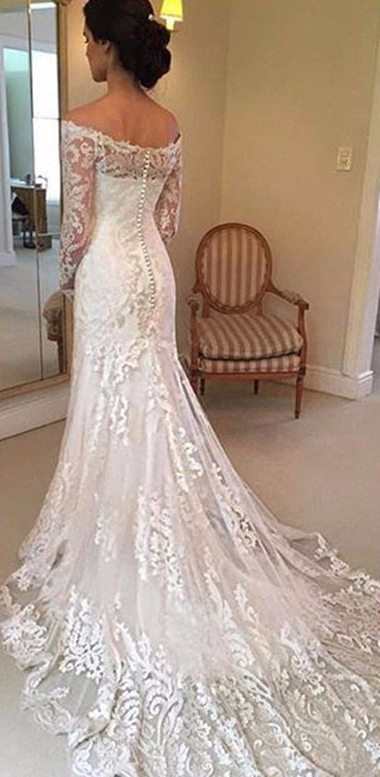 Charming V Neck Long Sleeves Off The Shoulder With Appliques Wedding Dresses