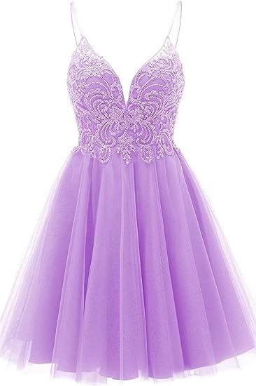 A-line Straps Appliques Tulle Short Homecoming Dress