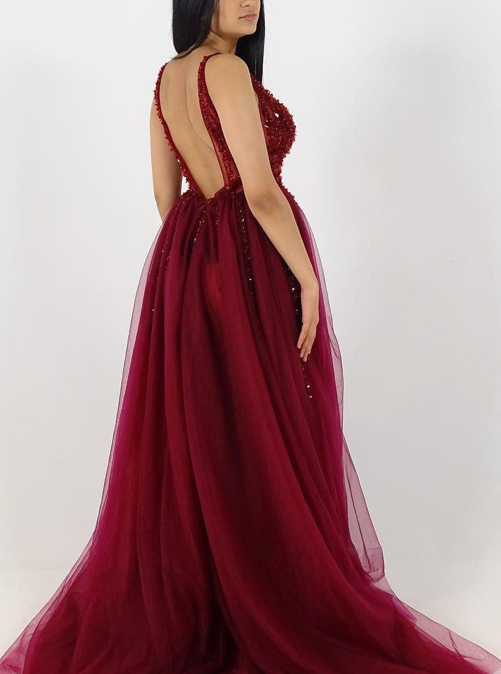 Burgundy V Neck Tulle A-line Beaded Long Prom Dresses