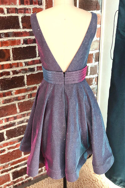 Grey V Neck Sleeveless A Line Backless Homecoming Dresses With Pockets