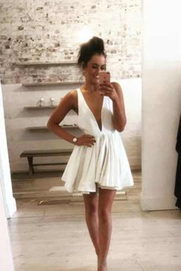 Simple Ivory Deep V Neck Open Back Short Homecoming Dresses