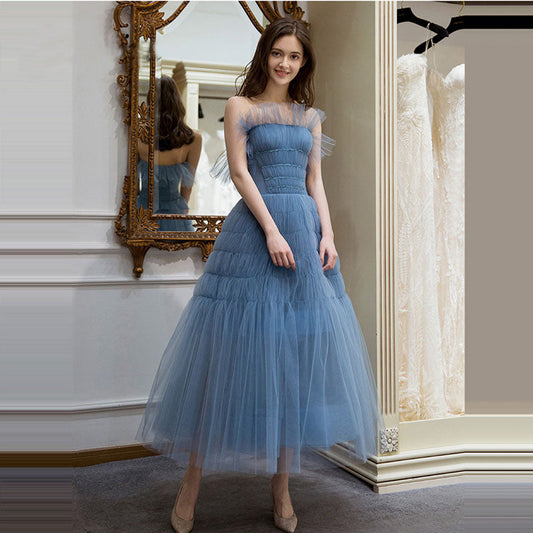 Elegant Strapless Tulle A Line Tea Length Prom Dresses with Pleats