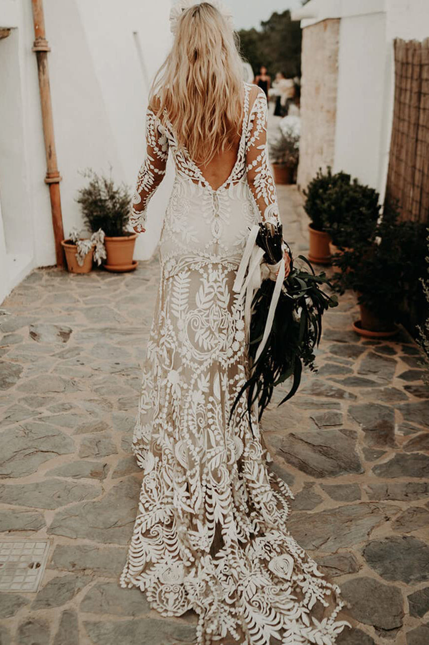 Unique Long Sleeves V Back Boho Beach Rustic Lace Wedding Dresses