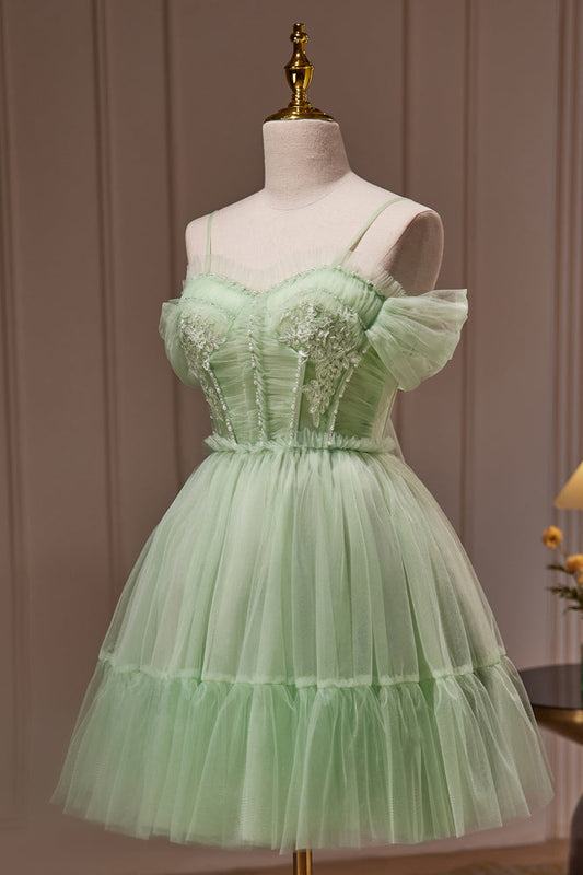 Green Beading Spaghetti Straps Tulle Short Homecoming Dresses