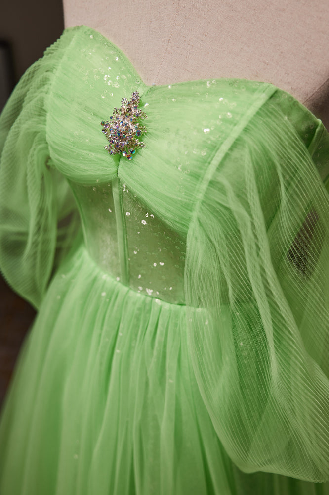 Sparkle Green Off The Shoulder Sequins A Line Tulle Long Prom Dresses