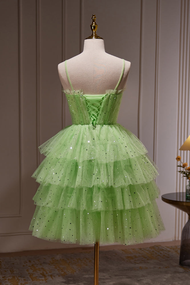 Sparkle Green Spaghetti Straps Sequins Tulle Short Homecoming Dresses