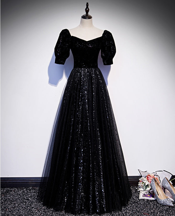 Modest Sparkly Black Long A-line Prom Dresses With Sleeves Evening Gowns