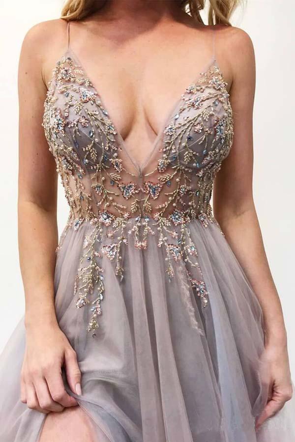 Beautiful Spaghetti Straps Long Beading V-neck Prom Dresses For Teens