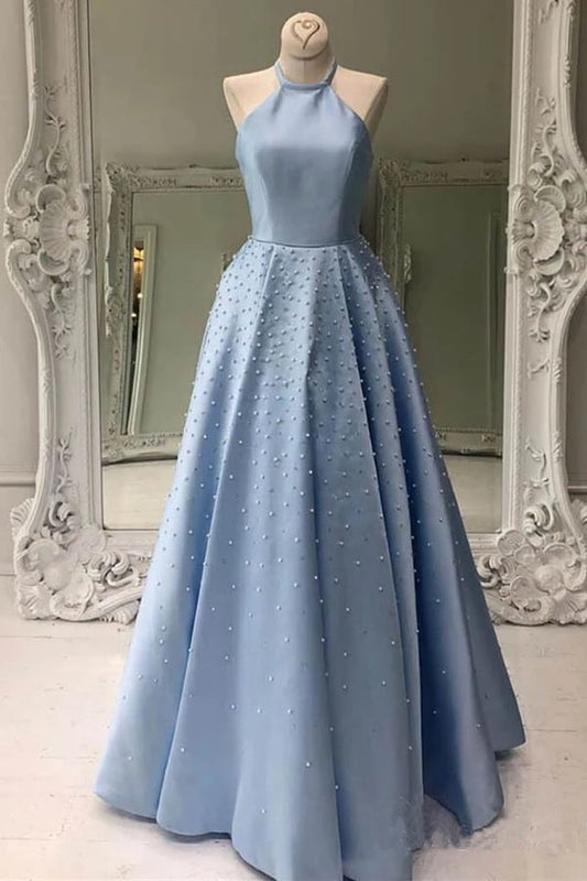 Light Blue Beading Halter Long A-line Elegant Prom Dresses For Teens