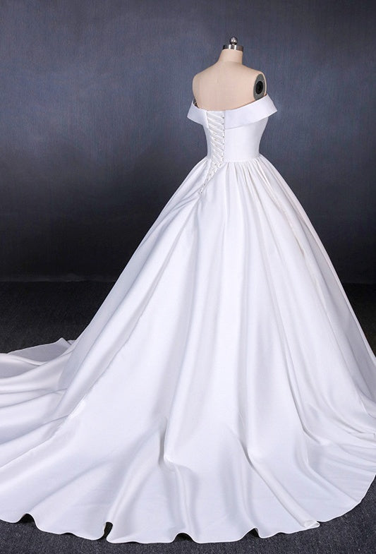 Simple Off The Shoulder Ivory Satin Wedding Dresses Lace Up Wedding Gowns