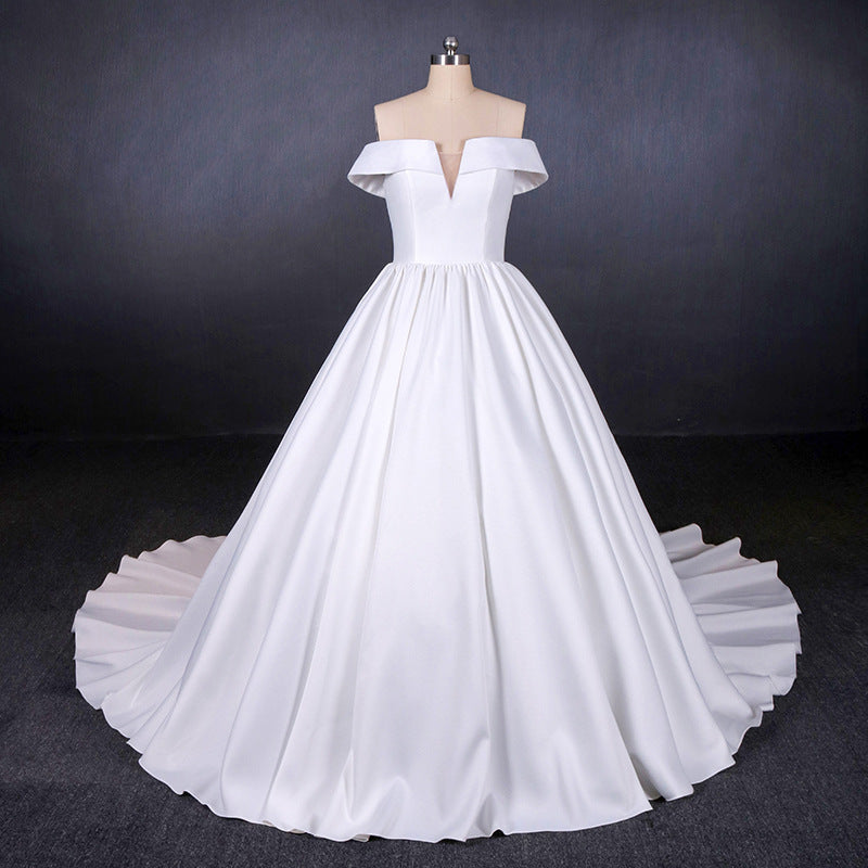 Simple Off The Shoulder Ivory Satin Wedding Dresses Lace Up Wedding Gowns